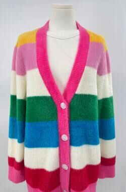 Apparis Multi Stripe Cardigan Bright Grandpa Sweater Rainbow Whimsical Knit S